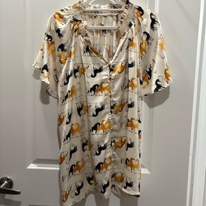 Cream Button-Up Dress with Horse Print